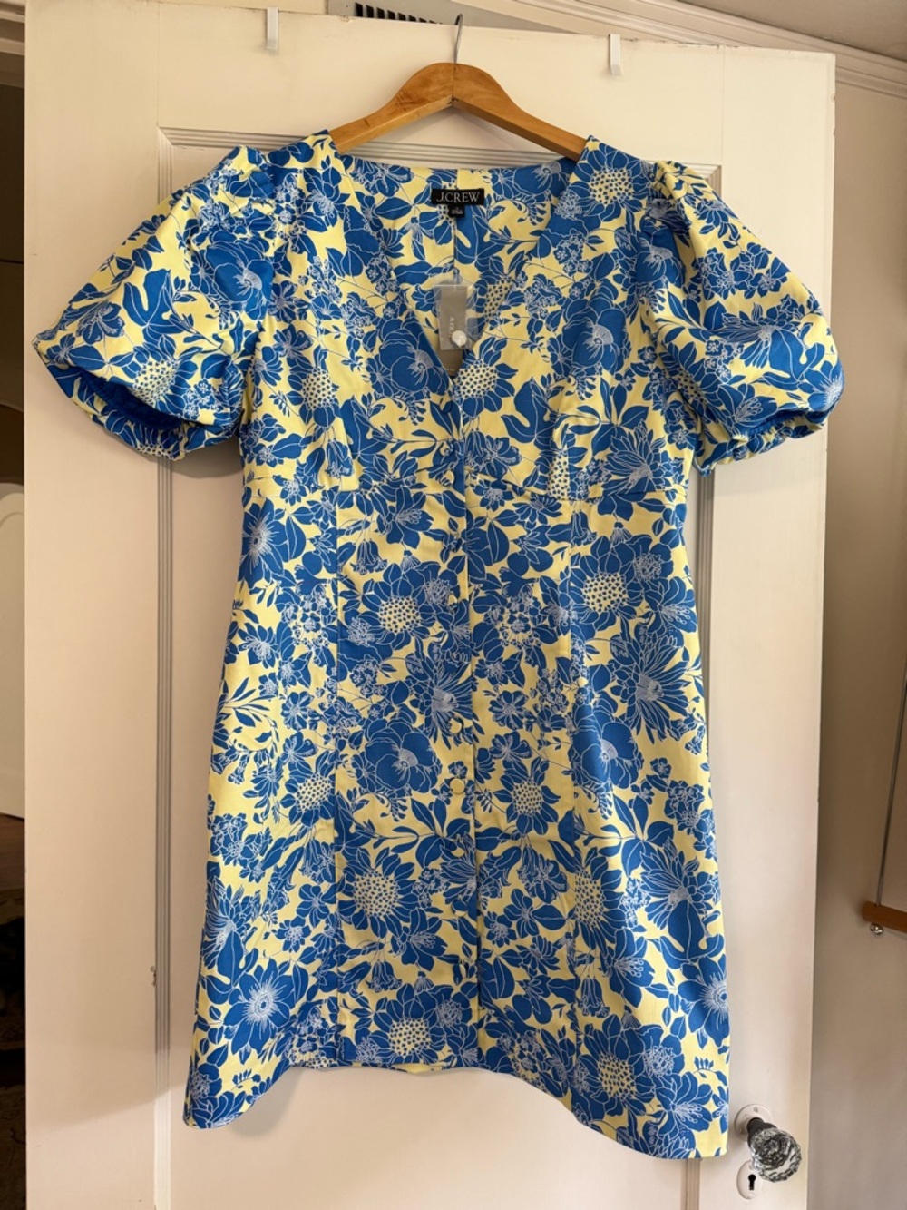 *NWT* J. Crew Yellow and Blue Floral V-Neck Puff Sleeve Mini Dress - Size 14